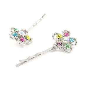   Quality Dazzling Flower Hair Clip with Multi Color CZ (1 pair) (2279