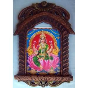   Laxmi sitting on lotus flower poster painting in wood craft Jharokha