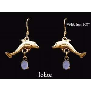  Dolphin Gemstone Earrings, 14k Yellow Gold, Iolite set 