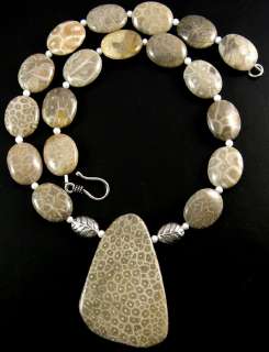 LARGE GENUINE FOSSIL FOSSILIZED CORAL PENDANT OVAL BEADS NECKLACE 