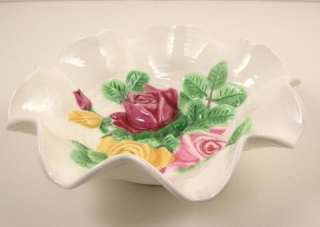   Majolica Art Pottery Bowl Shabby Roses Chic Decor Ruffled Rim  