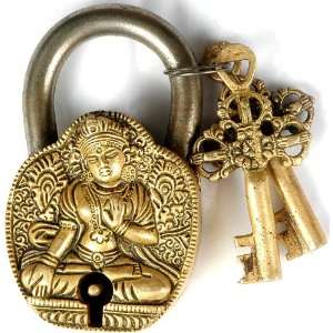  White Tara Temple Lock with Dorje Keys   Brass and Iron 