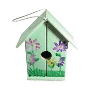  Wood Birdhouse in Green with Pink and Purple Daisies 