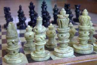 HAND CARVED INDIAN STONE CHESS SET w FOLDING MARBLE TOP BOARD. LARGE 