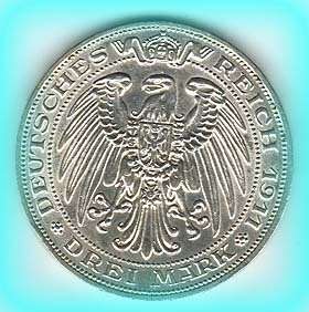 GERMANY   1911 A 3DM   DREI MARK SILVER COIN.B.U   