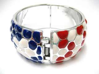   White Blue Patrotic Heart Painted Wide Bangle New 2.5 Dia w/ Gift Bag