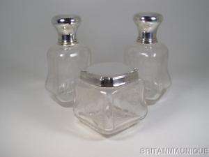 French Sterling Silver & Engraved Crystal Vanity Set 3p  