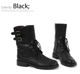 Womens straight Tip Buckles Lace Up Zip Mid Calf Boots  