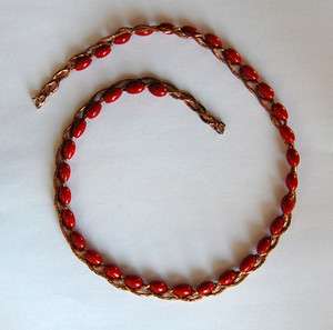VINTAGE RED GLASS BEAD COPPER BRAIDED BEAD STRAND OLD  