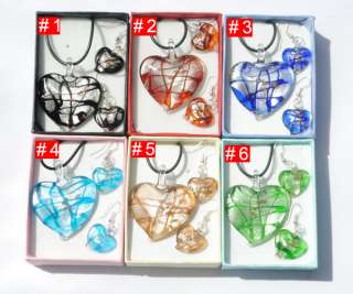 6colors Heart Silver Foil Murano Lampwork Glass Pendant Necklace Set 