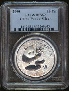 2000 China Panda 10 Yn 1oz .999 Fine Silver MS69  