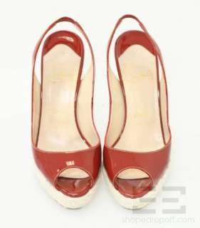   Louboutin Red Patent Leather & Woven Canvas Slingback Heels Size 36.5