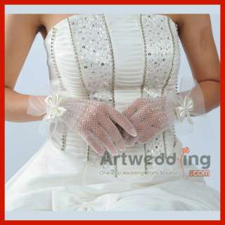 ivory 9 Wrist bead bowknot Lace Bridal Wedding Gloves  