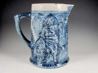 Antique BLUE WHITE/GREY STONEWARE Pitcher Man Lady Vintage Pottery 
