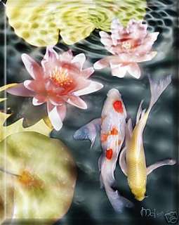 Japanese ART Koi w/ Yellow Lily Pad Fish Pond PAINTING  