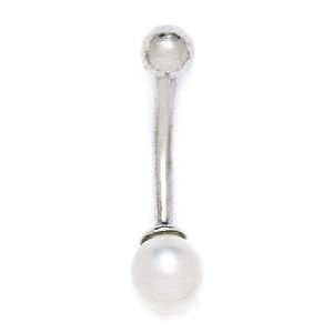 14k White Gold White Round Cultured Pearl 14 Gauge Body Jewelry Belly 