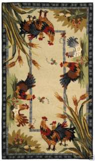 Hand hooked Roosters Ivory Wool Area Rug 3 x 5  