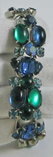 Signed WEISS Multi Blue Green + Rhinestone Vintage Bracelet  