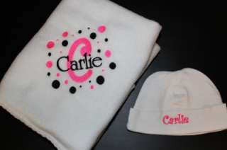 Baby Girl Polka Dot Fleece Personalized Blanket and Hat  