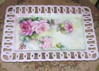 Hand Painted PINK ROSES Fine Porcelain SERV/VANITY TRAY  