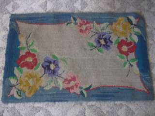 ANTIQUE HOOKED FLOWER RUG blue border RED PURPLE YELLOW  