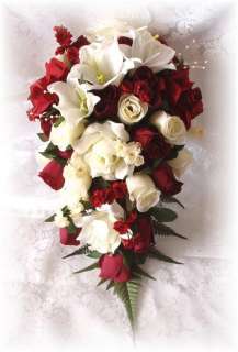 Wedding Bridal Bouquet Flowers Roses Lilies Burgundy Ivory 13pc  