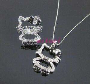 Hello Kitty BLACK BOW necklace & ring full body crystal pendant 2 