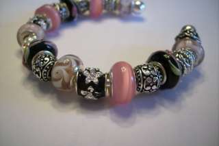 European Charm Bracelet Pink Murano Glass Beads Stones Custom by LRM 