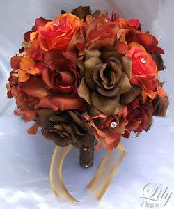 17pcs Wedding Bridal Bouquet Flower FALL ORANGE BROWN  