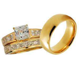   Square Cubic Zirconia Gold Vermeil Tungsten Wedding Bridal Ring Set