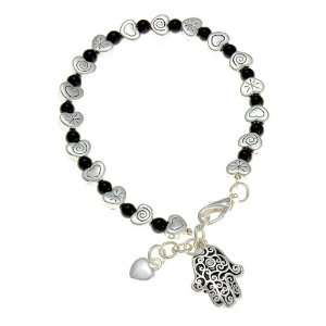    Silvertone and Black Hamsa Hand Heart Charm Bracelet: Jewelry