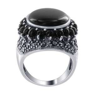   Oval Top Marcasite Band 18 x 14mm Oval Black Onyx Stone Ring Size 5.5