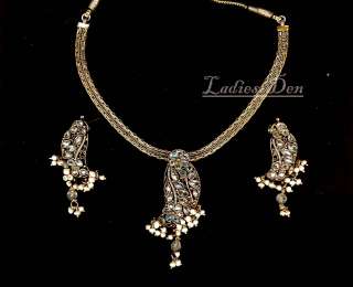   BEADS & POLKI MESH CHAIN NECKLACE & EARRINGS SET INDIAN ETHNIC JEWELRY