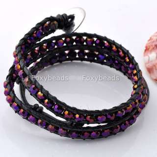   CHAN LUU STYLE 4mm Crystal Beads Black Leather 2 Wrap Bracelet  