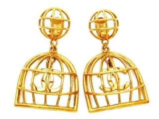 Authentic vintage Chanel earrings swing gold CC birdcage dangle clip 