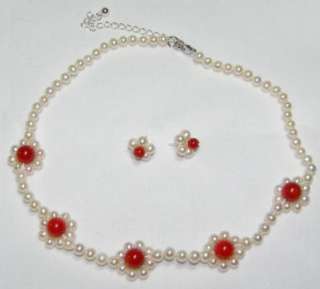 Cultured White Pearl & Red Coral Necklace & Earring Set  