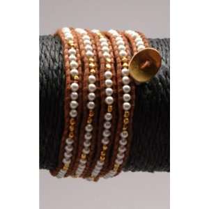 Chan Luu Swarovski Cream Pearl Wrap Bracelet on Natural Brown Leather 
