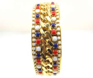 Bangle Bracelet Red White Blue Stones Gold Overlay 2.5 Inches Wide i 
