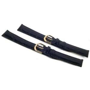  2 Black Leather Watch Bands Croco Gold Buckles 18mm New 