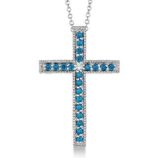   Blue & White Diamond Cross Pendant Necklace 14k White Gold Womens