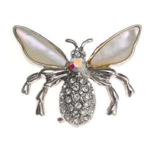 Silvertone Abalone and Crystal Bee Brooch Pin Jewelry