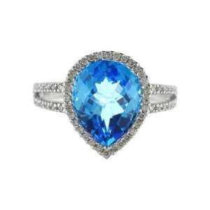  Pear Shaped Blue Topaz and Diamond Cocktail Ring 14k White 
