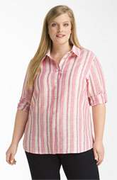 New Markdown Foxcroft Stripe Linen Shaped Shirt (Plus) Was $84.00 Now 