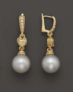   Pearl Drop Earrings with Diamonds and Canary Crystal, .098 ct. t.w