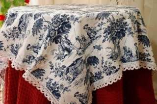 French Country Farm Toile Fabric Table Cloth 110cm Blue  