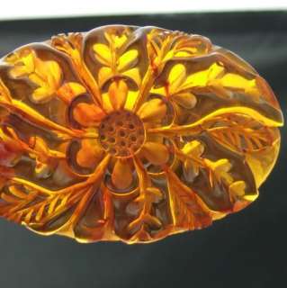Large Carved Faux Amber FlowerVintage Brooch Pin  