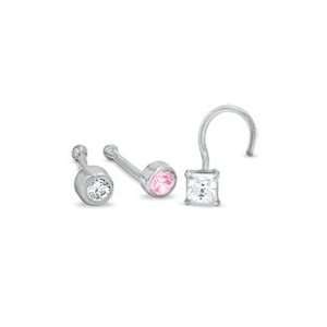  Nose Stud Set with Pink and White Cubic Zirconia in 14K White Gold 
