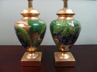 Pair Gold Gilded Handpainted Grape Vine Table Lamp  