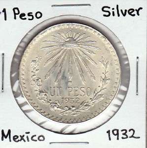 Mexico: $ 1 Peso Silver Coin 1932 Pura Plata de Mexico.  