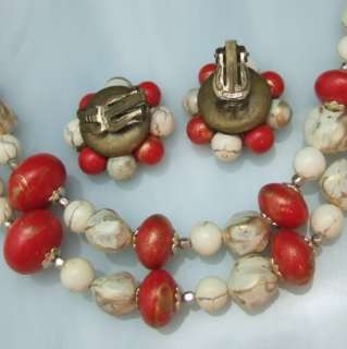 Japan Red Multi Strand Bead Necklace Earrings Set Vtg  